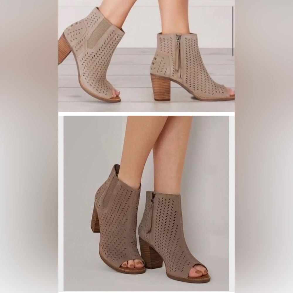TOMS Desert Taupe Suede Majorca Heeled Peep toe Ankle Boot Women's size 8